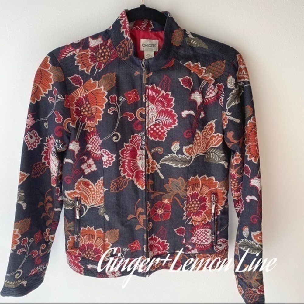 CHICOS Floral Batik Biker Jacket Small